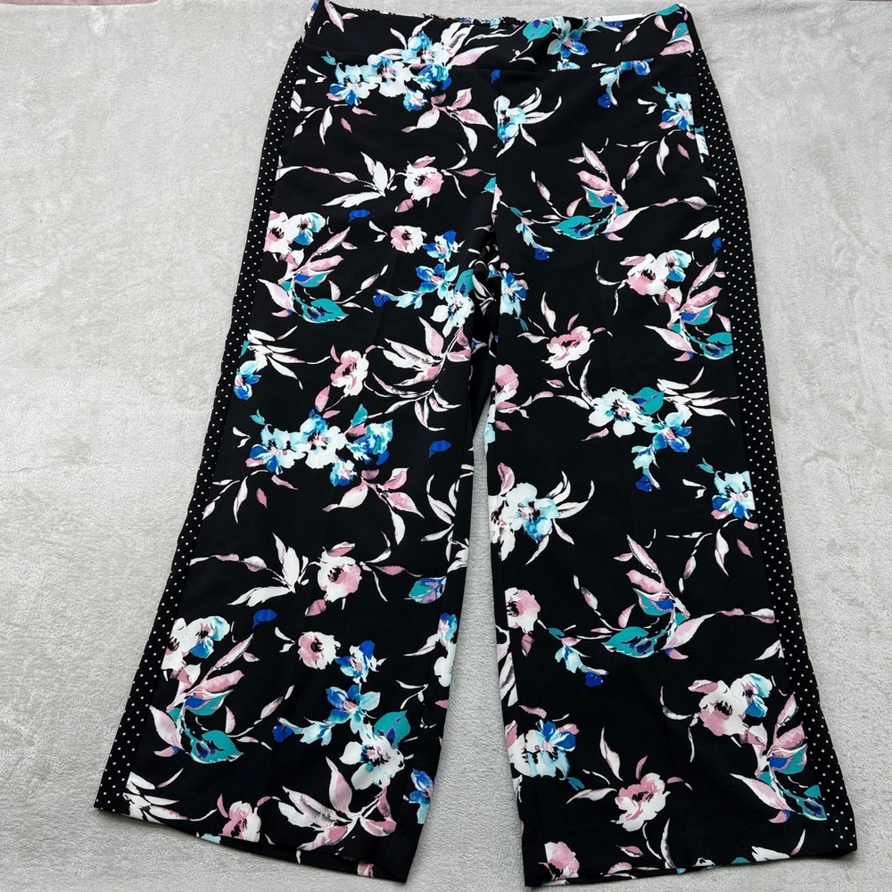 Lane Bryant Wide Leg Pants Women 22/24 Black Floral Polka Dot Side Stripe Spring